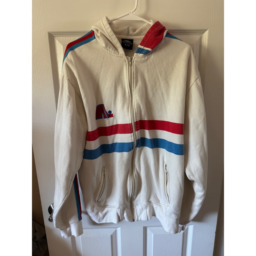 Vintage Bulletin Quebec Nordiques Hoodie Men X-Large White NHL Zip Up Graphic